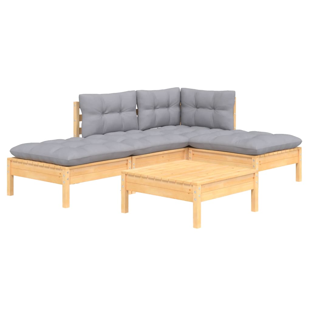 Juego de muebles de jardín 5 pzas y cojines madera pino gris