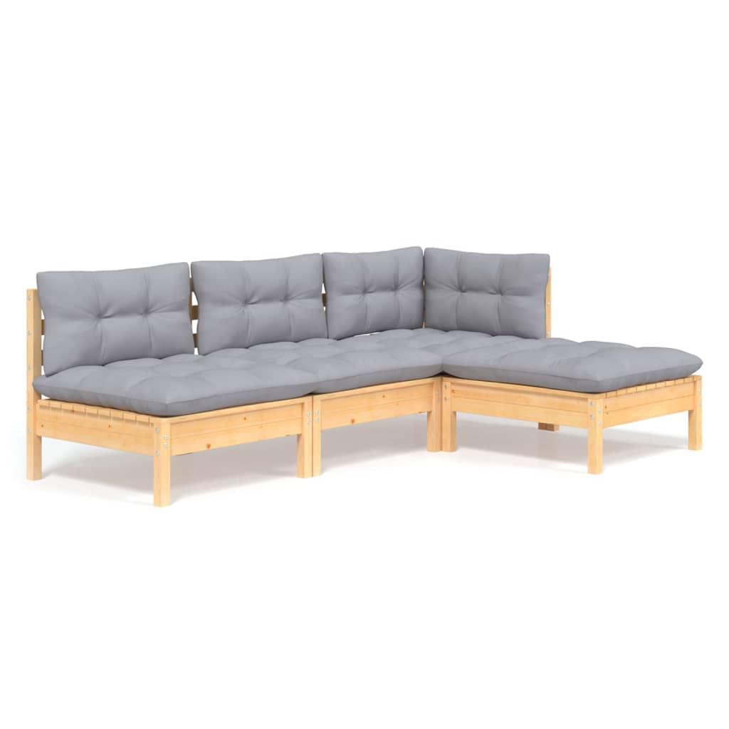 Juego de muebles de jardín 4 pzas y cojines madera pino gris