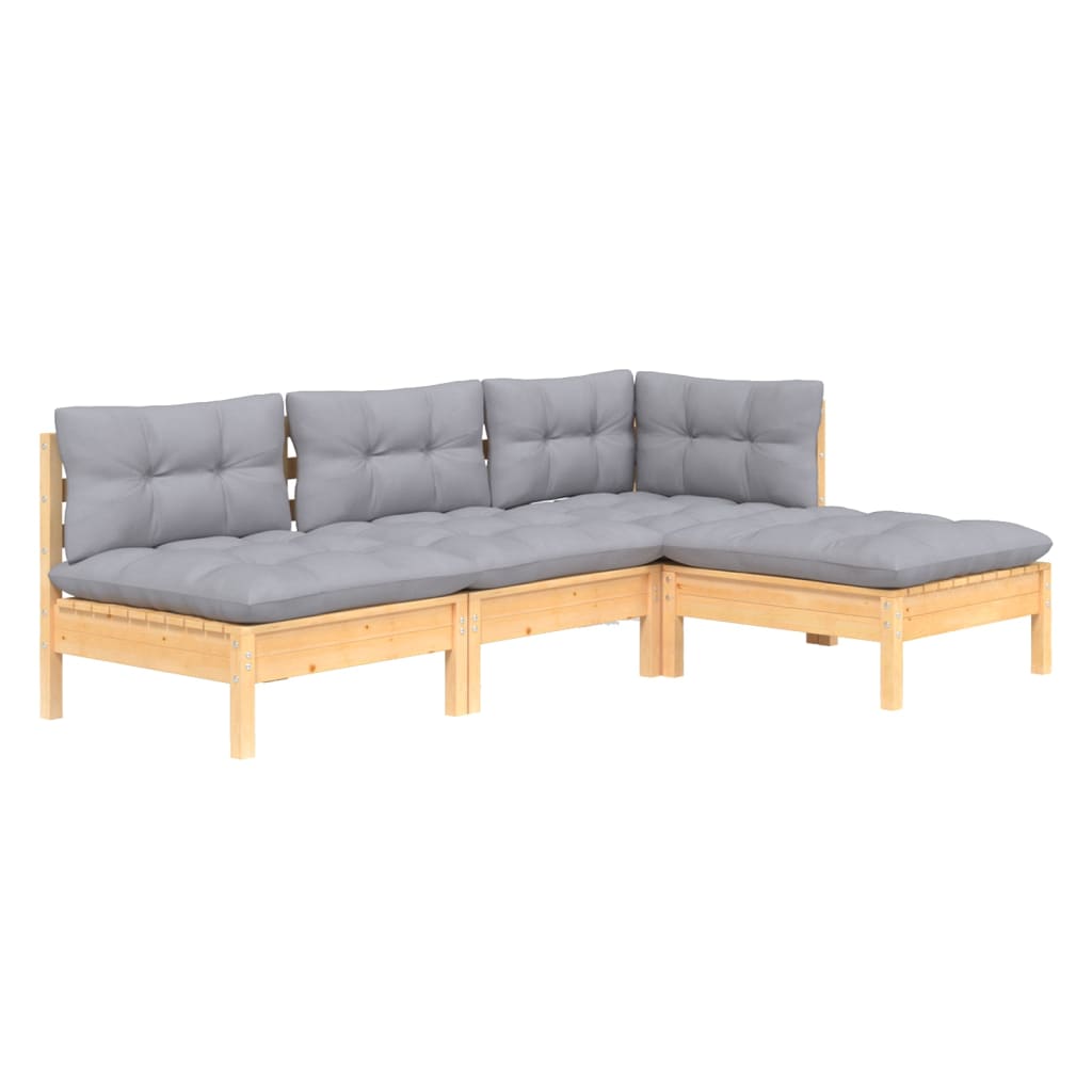 Juego de muebles de jardín 4 pzas y cojines madera pino gris