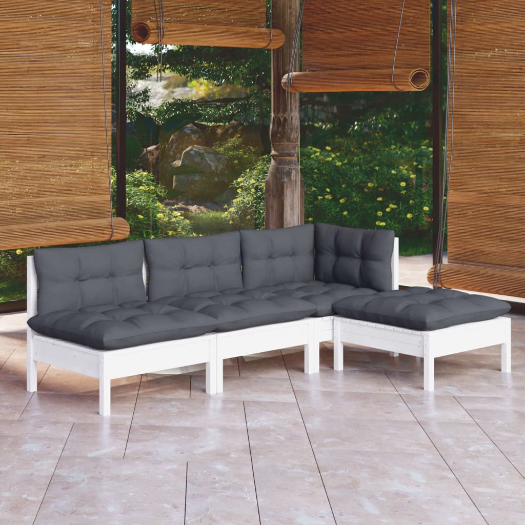 Mobiliário de jardim 4 peças almofadas madeira de pinho cor creme