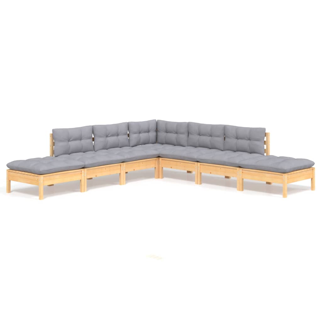 Juego de muebles de jardín 7 pzas y cojines madera pino gris