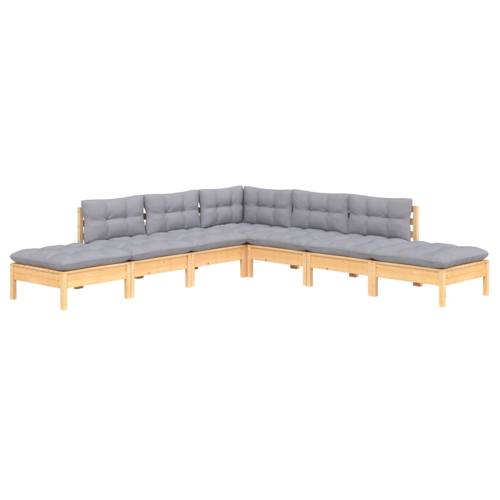 Juego de muebles de jardín 7 pzas y cojines madera pino gris