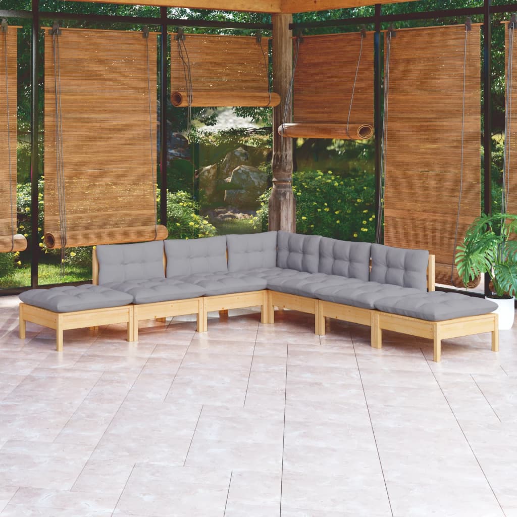 Juego de muebles de jardín 7 pzas y cojines madera pino gris