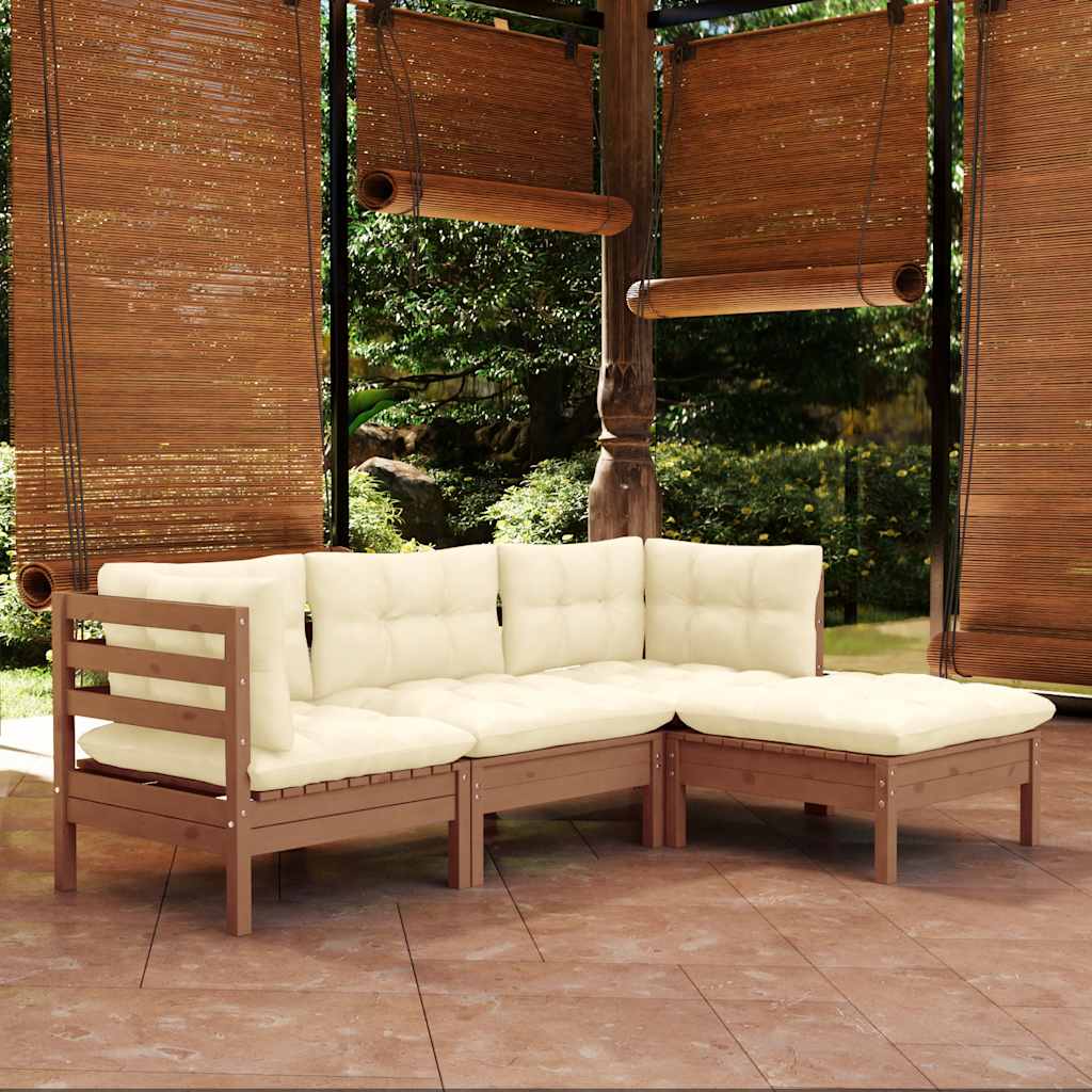 Mobiliário de jardim 4 peças almofadas madeira de pinho cor creme