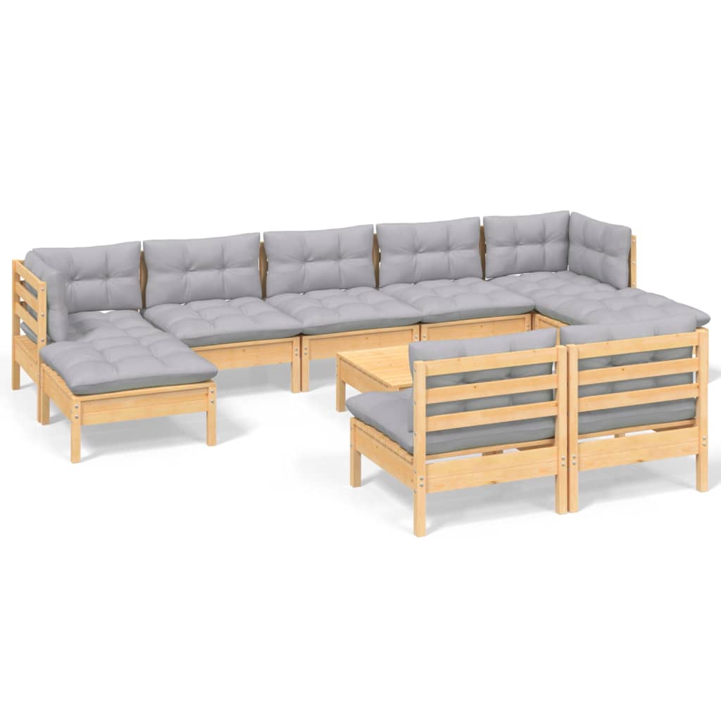 Juego de muebles de jardín 10 pzas y cojines madera pino gris