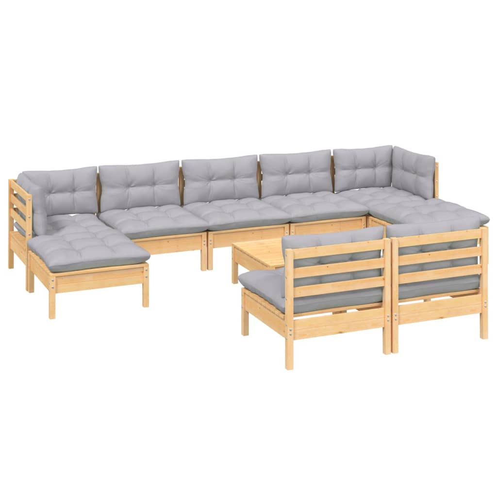 Juego de muebles de jardín 10 pzas y cojines madera pino gris