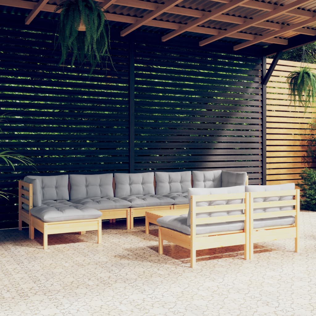 Juego de muebles de jardín 10 pzas y cojines madera pino gris