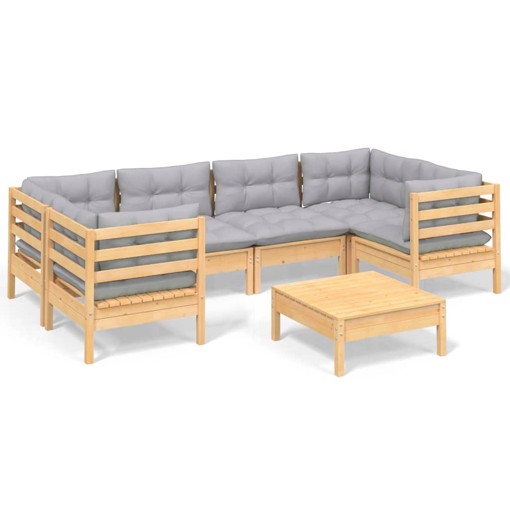 Juego de muebles de jardín 7 pzas y cojines madera de pino gris