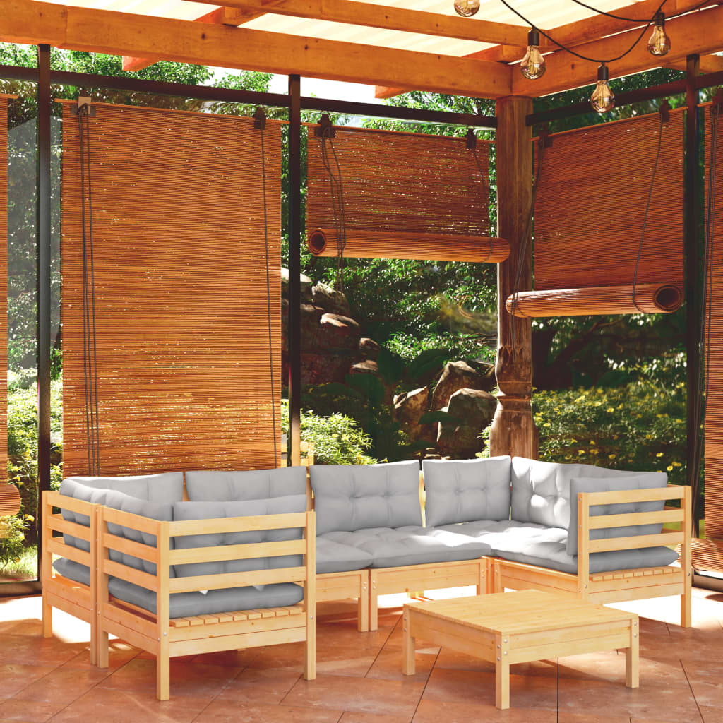 Juego de muebles de jardín 7 pzas y cojines madera de pino gris