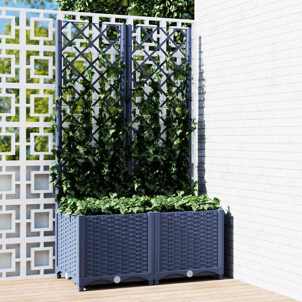 Floreira de jardim com treliça azul acinzentado 40x40x136 cm PP