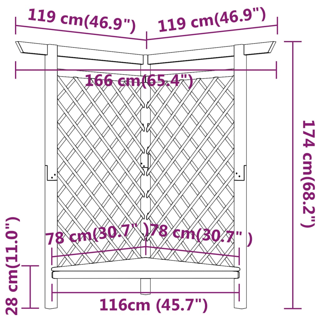 Pérgola esquinera con banco madera pino impregnada 166x81x174cm
