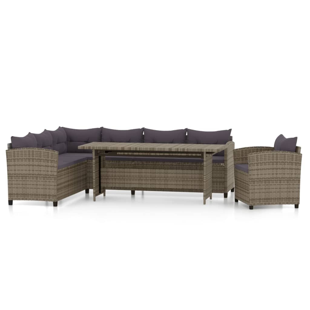 Set de muebles de jardín 3 pzas y cojines ratán sintético gris
