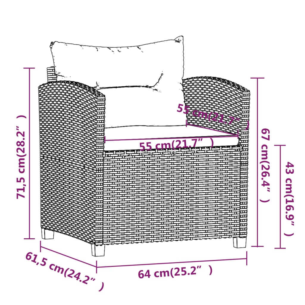 Set de muebles de jardín 3 pzas y cojines ratán sintético gris