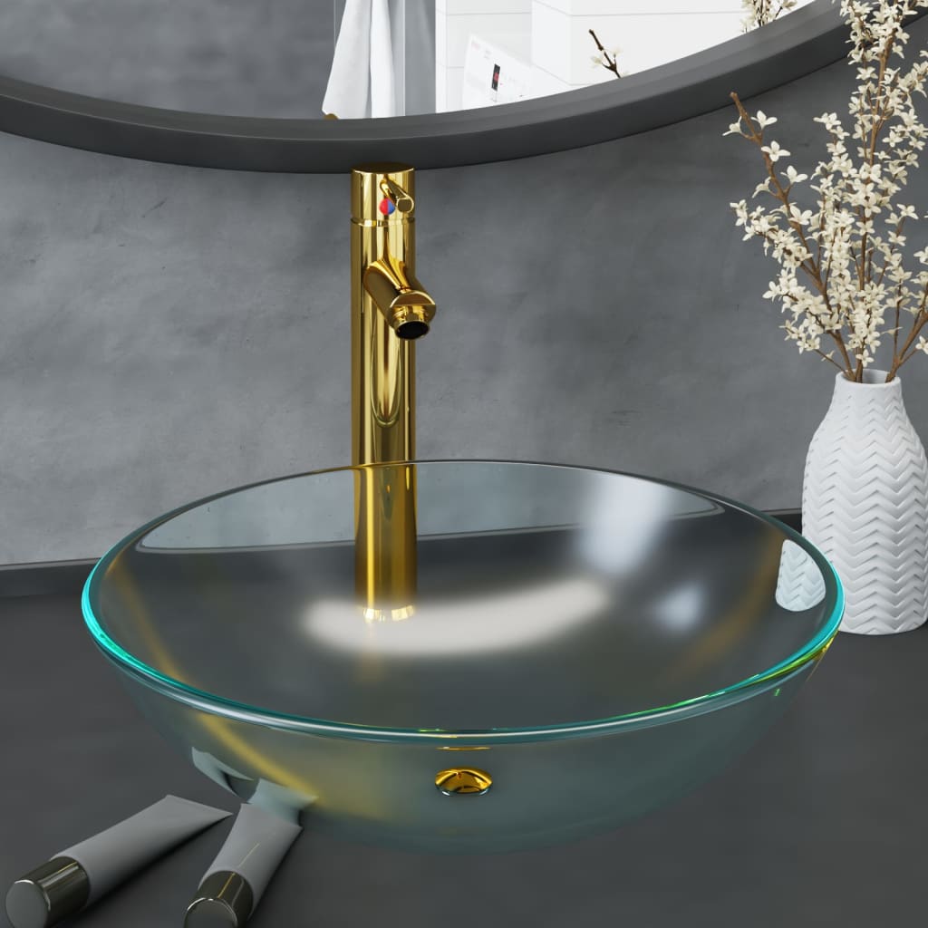 Lavabo baño grifo&desagüe de empuje vidrio templado esmerilado