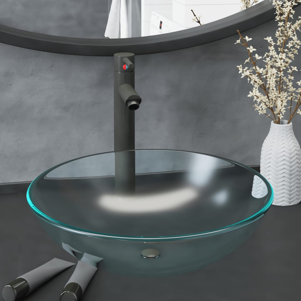 Lavabo baño grifo&desagüe de empuje vidrio templado esmerilado