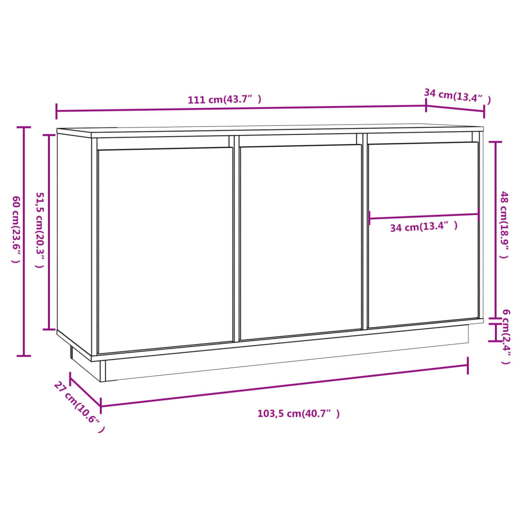 Aparador de madera maciza de pino 111x34x60 cm