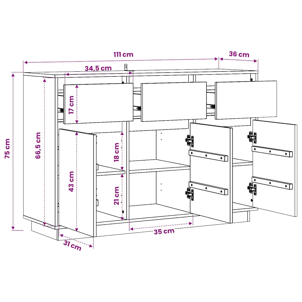 Aparador de madera maciza de pino 111x36x75 cm