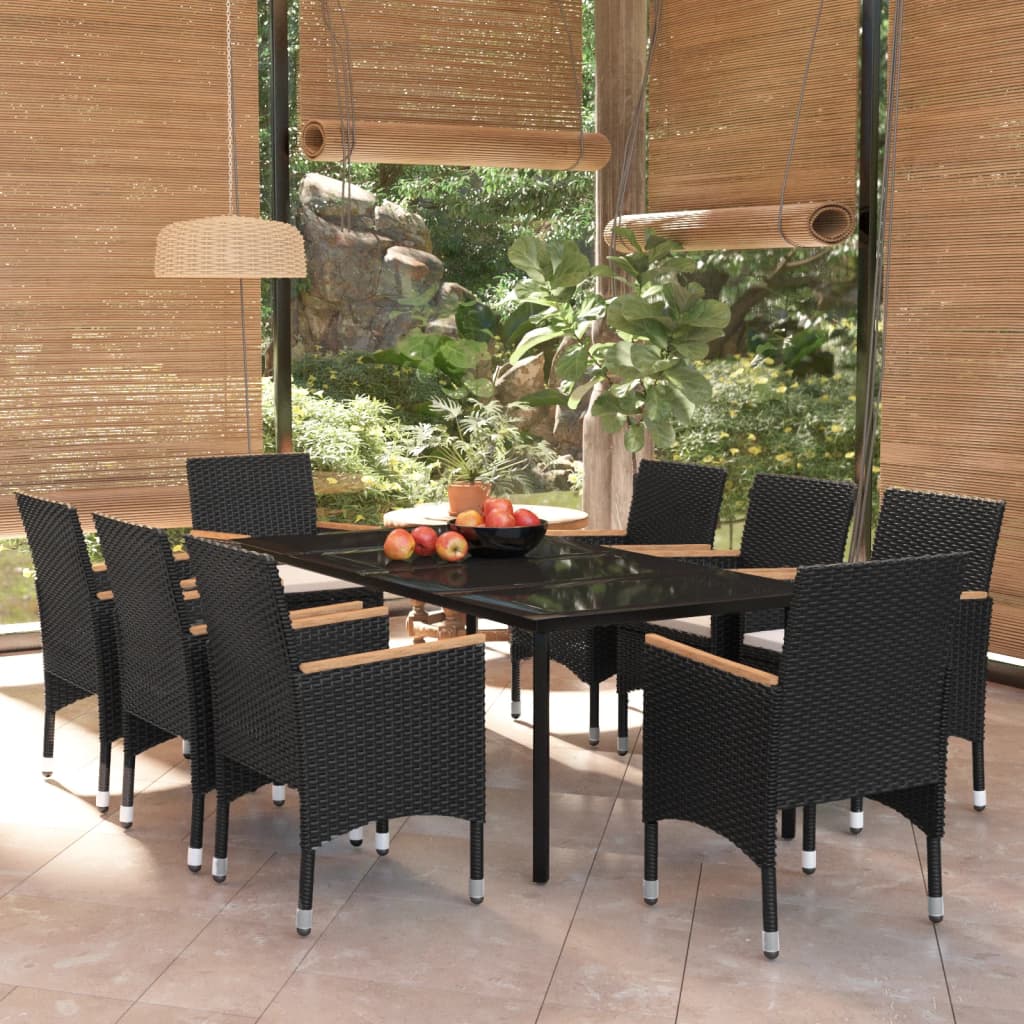 Conjunto de sala de jantar de jardim 3 peças com almofadas preto