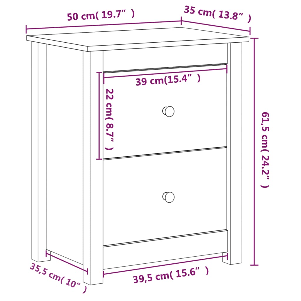 Mesitas de noche 2 uds madera maciza de pino negra 50x35x61,5cm