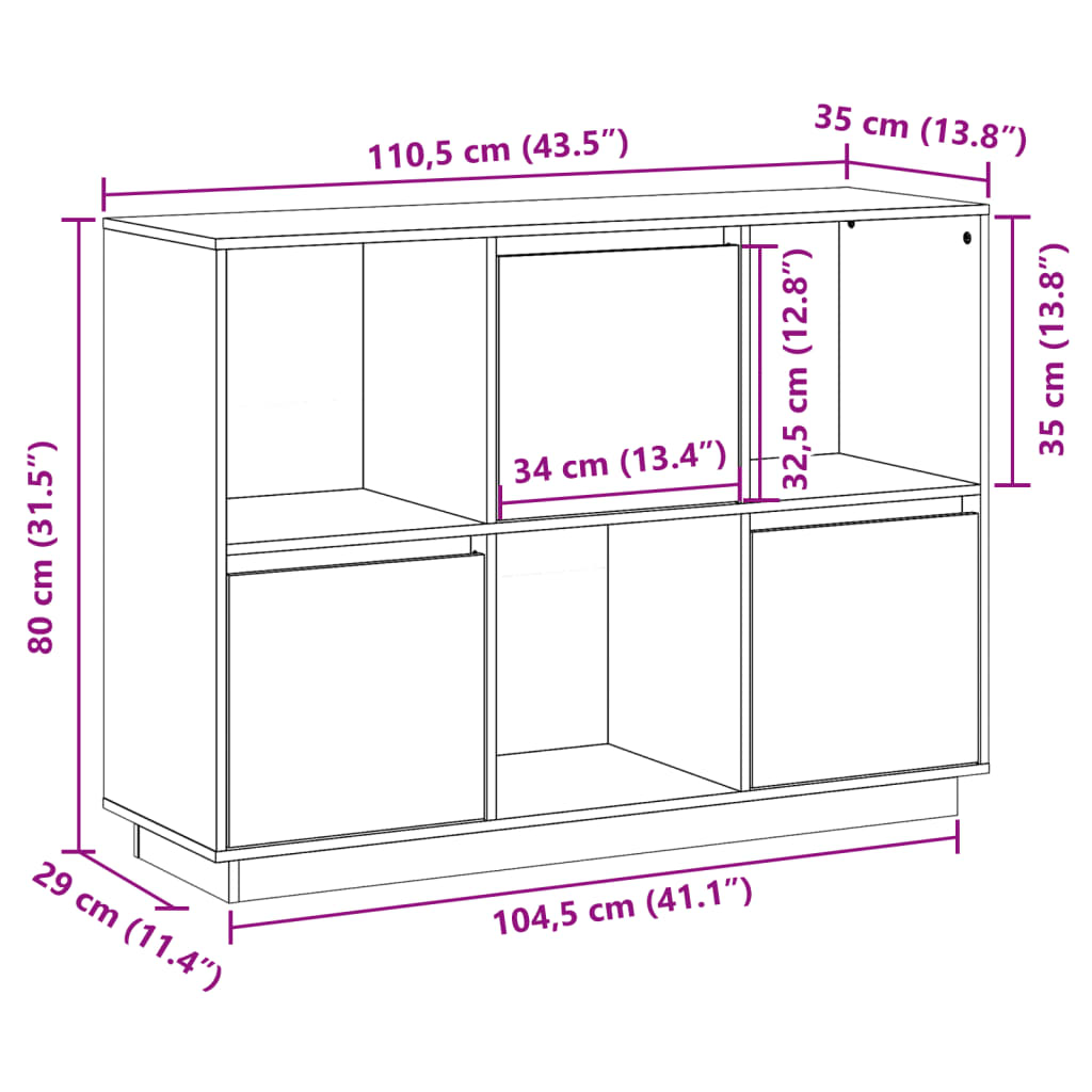 Aparador de madera maciza de pino marrón miel 110,35x35x80 cm
