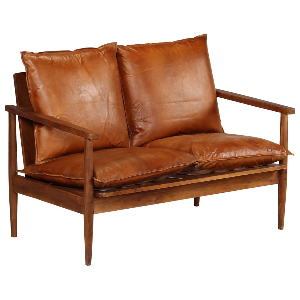 Set sofás 2 pzas marrón cuero auténtico y madera de acacia