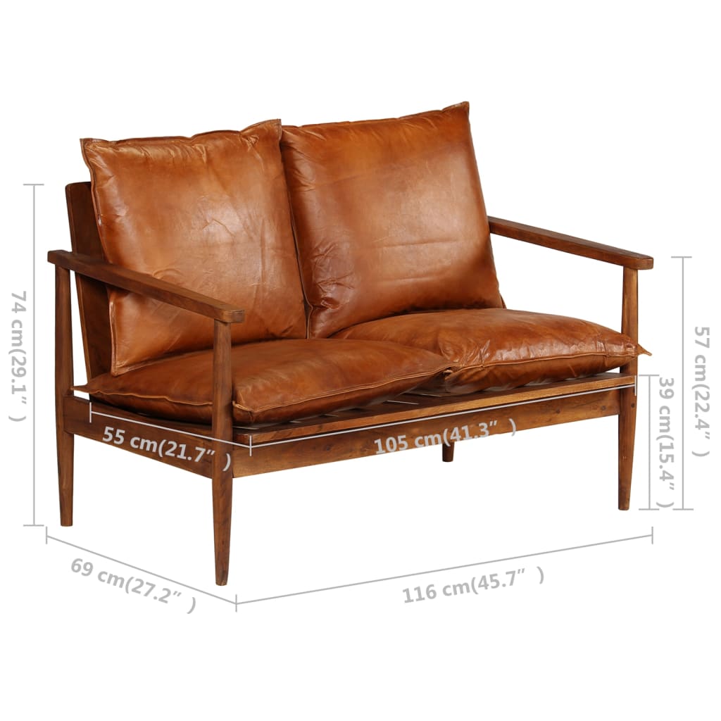 Set sofás 2 pzas marrón cuero auténtico y madera de acacia