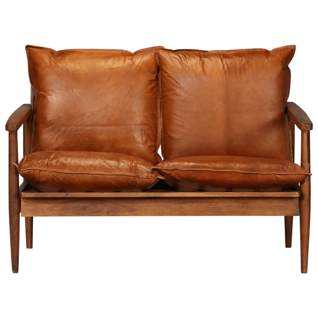 Set sofás 2 pzas marrón cuero auténtico y madera de acacia