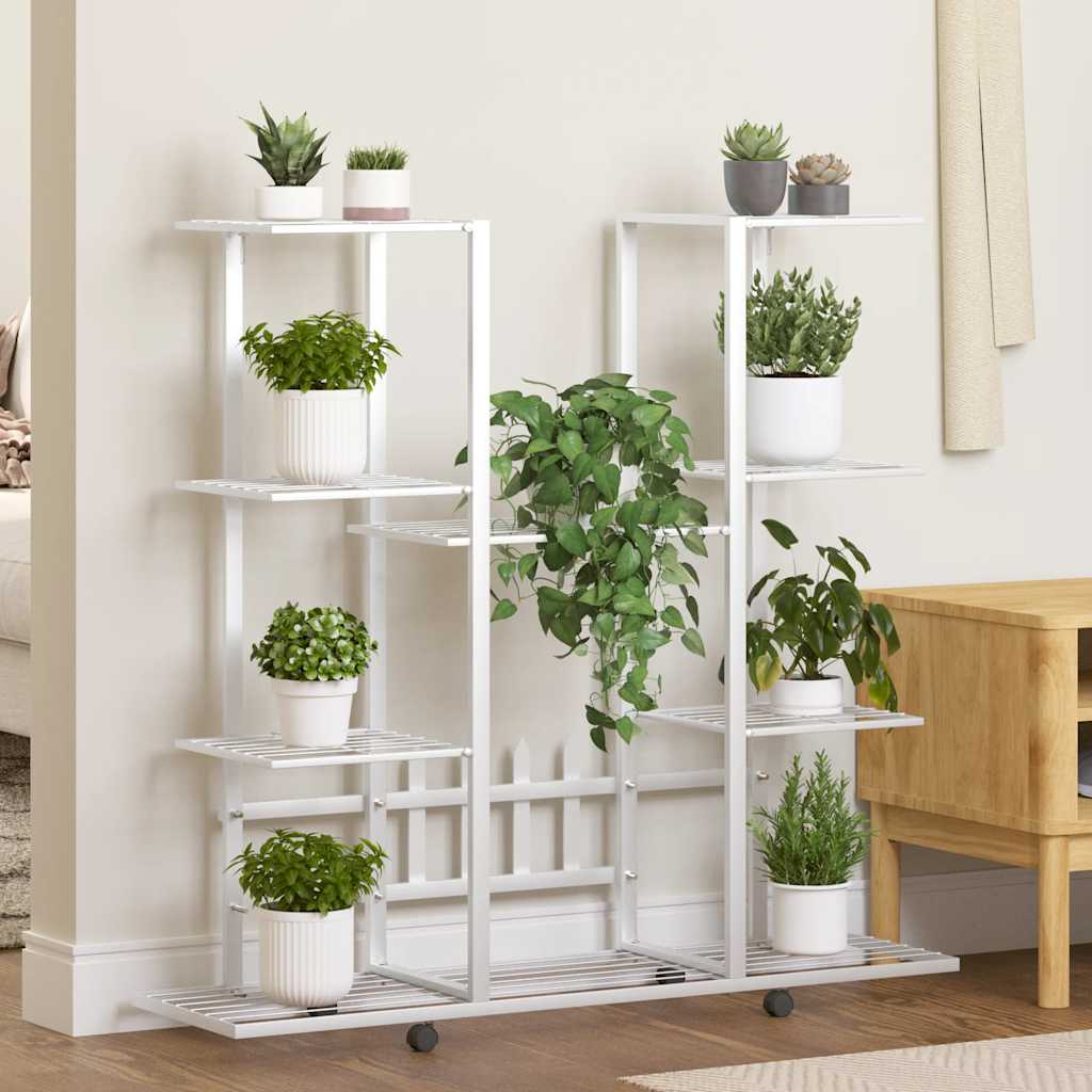 Soporte para flores 4 alturas y ruedas hierro blanco 44x23x80cm