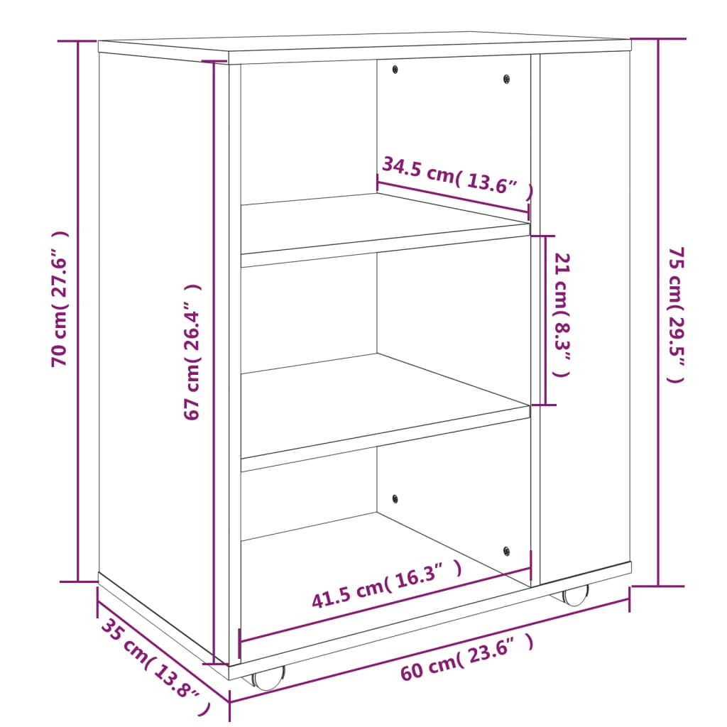 Armario con ruedas madera contrachapada gris Sonoma 60x35x75 cm