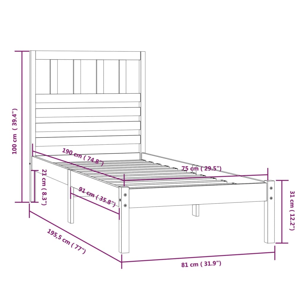 Estructura de cama sin colchón madera maciza blanca 75x190 cm