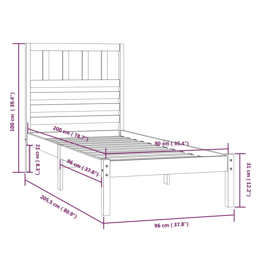 Estructura de cama sin colchón madera maciza de pino 90x200 cm