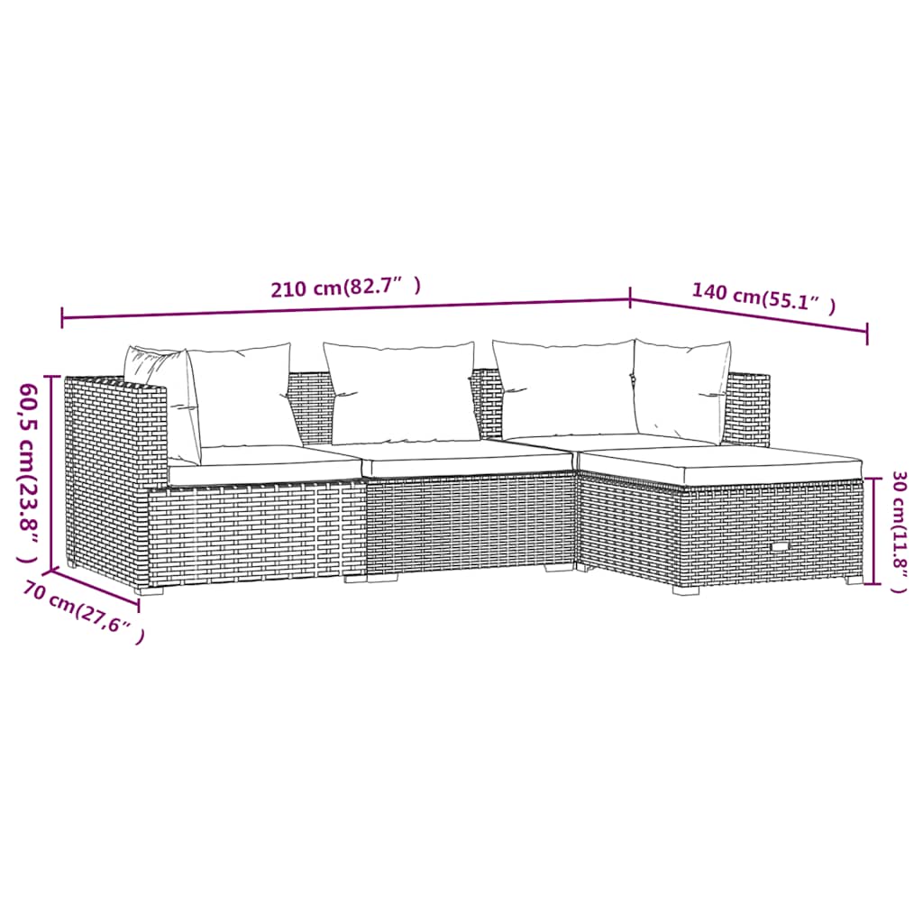 Set de muebles de jardín 4 pzas y cojines ratán sintético gris