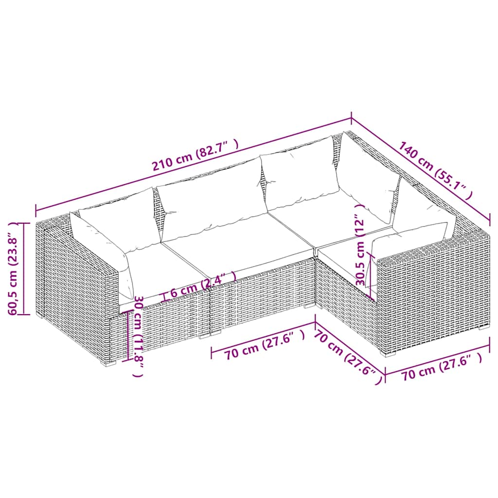 Set muebles de jardín 4 piezas y cojines ratán sintético gris