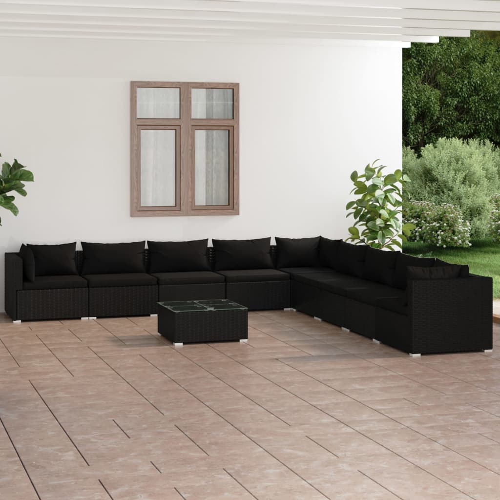 Set de muebles de jardín 10 pzas cojines ratán sintético negro
