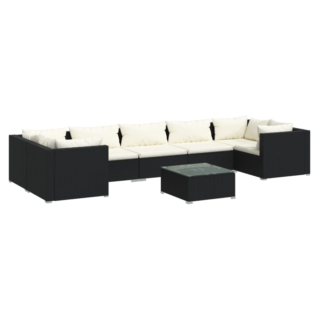 Juego muebles de jardín 8 pzas y cojines ratán sintético negro