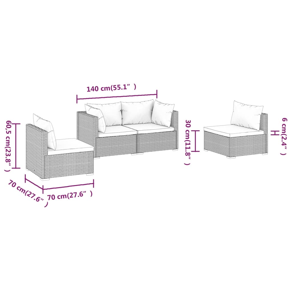 Set de muebles de jardín 4 pzas y cojines ratán sintético negro