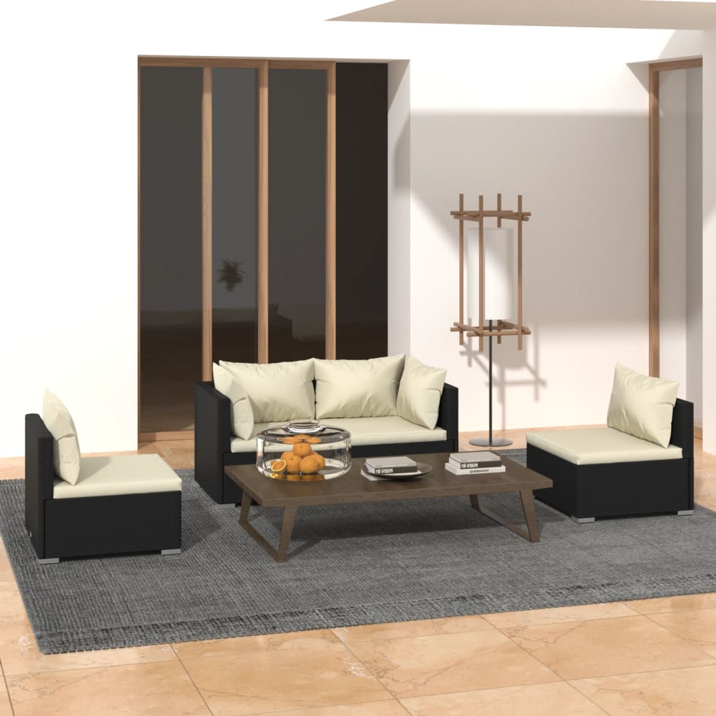 Conjunto de mobiliário de jardim 4 peças e almofadas rotim sintético preto