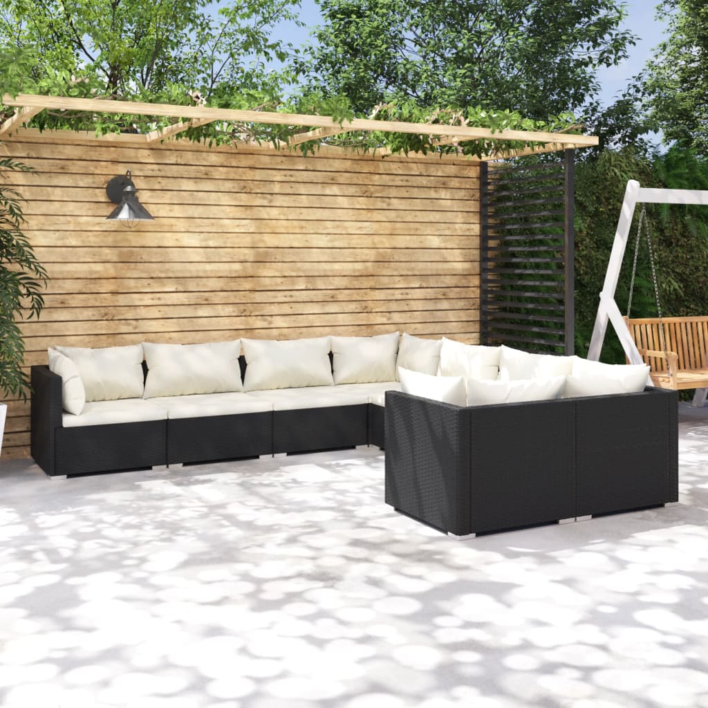 Conjunto de mobiliário de jardim de 8 peças e almofadas em vime sintético preto
