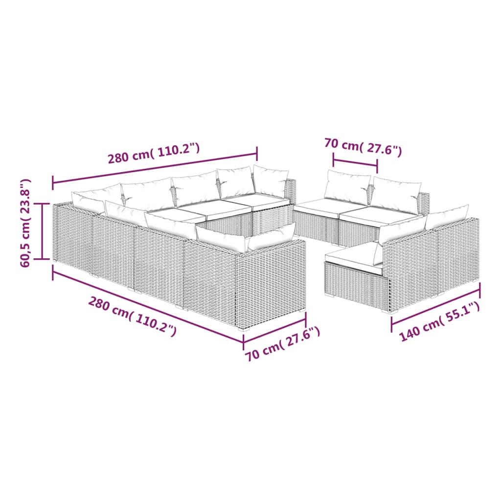Set de muebles de jardín 11 pzas cojines ratán sintético gris