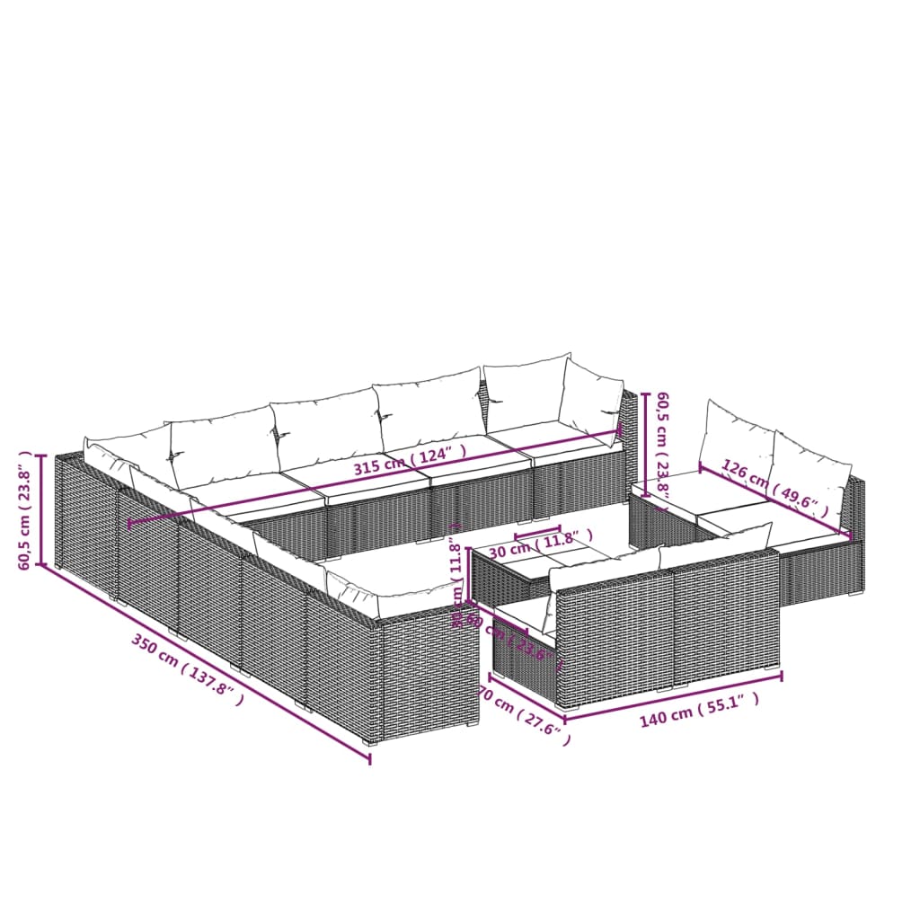 Set de muebles de jardín 14 pzas cojines ratán sintético negro