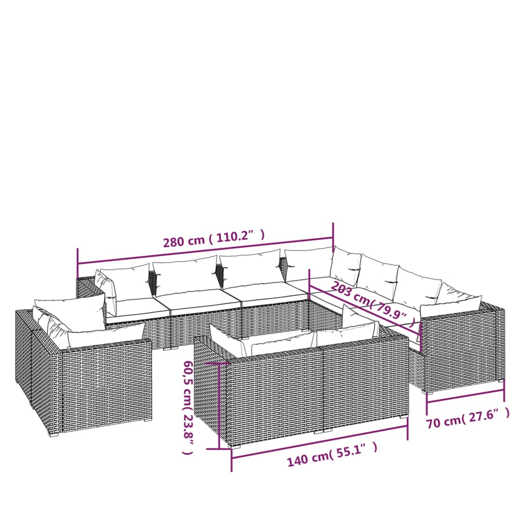 Set muebles de jardín 11 piezas cojines ratán sintético marrón
