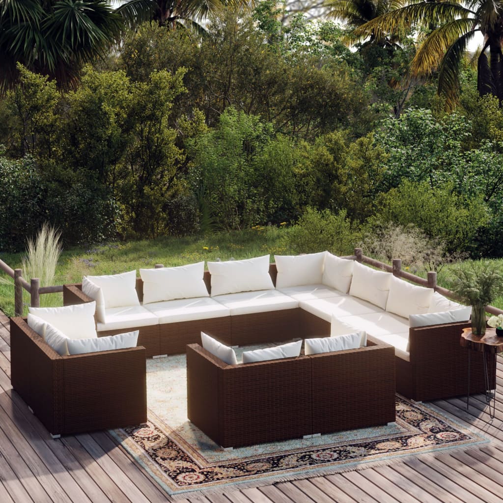 Set muebles de jardín 11 piezas cojines ratán sintético marrón