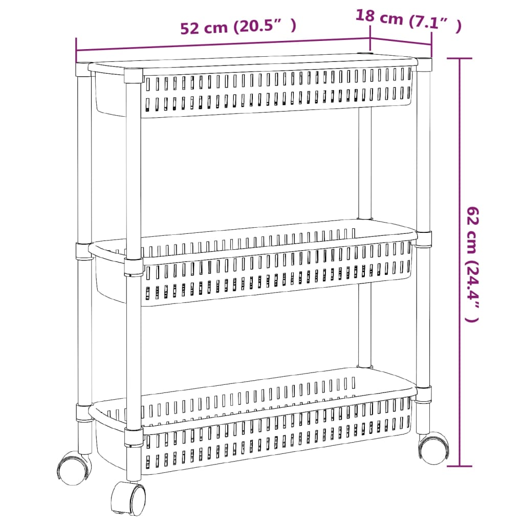 Carrito de almacenaje de 3 alturas aluminio plateado y blanco