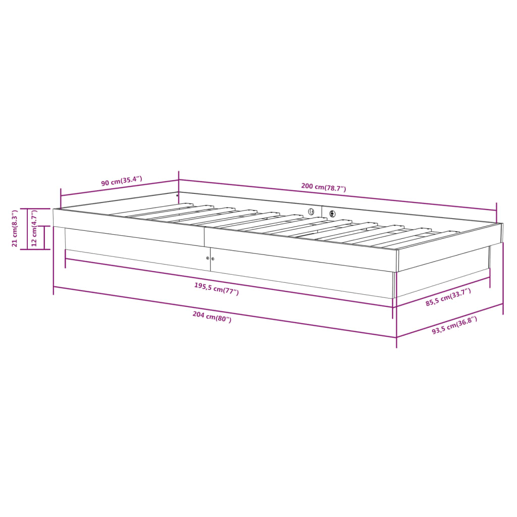 Estructura de cama de madera maciza 90x200 cm