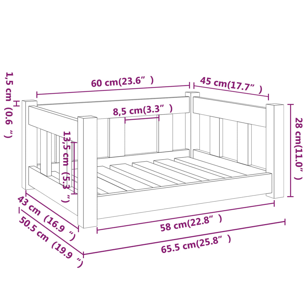 Cama para perros madera maciza de pino blanco 65,5x50,5x28 cm