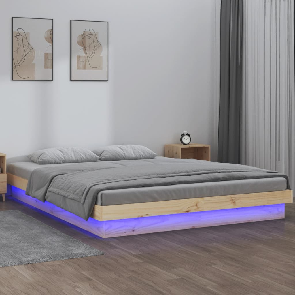 Estructura cama individual LED sin colchón madera maciza blanco