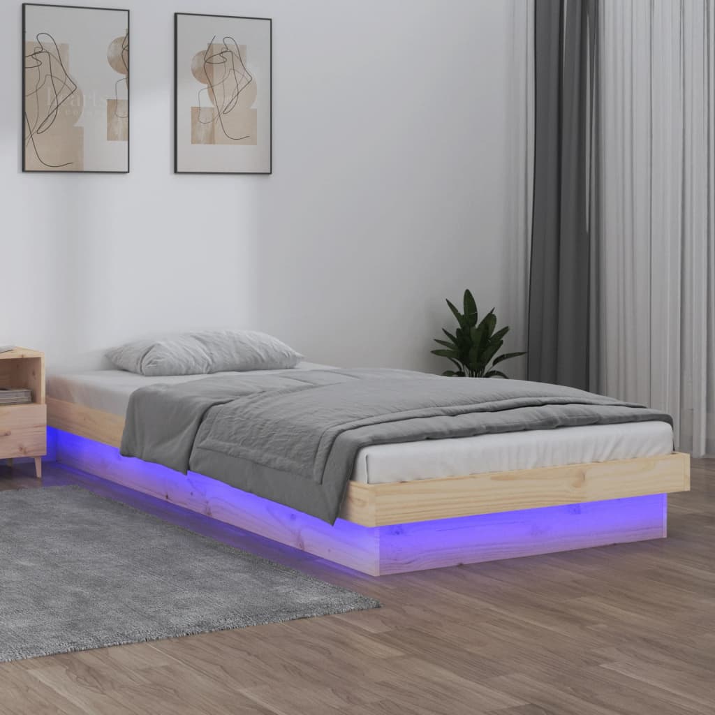 Estructura cama individual LED sin colchón madera maciza blanco