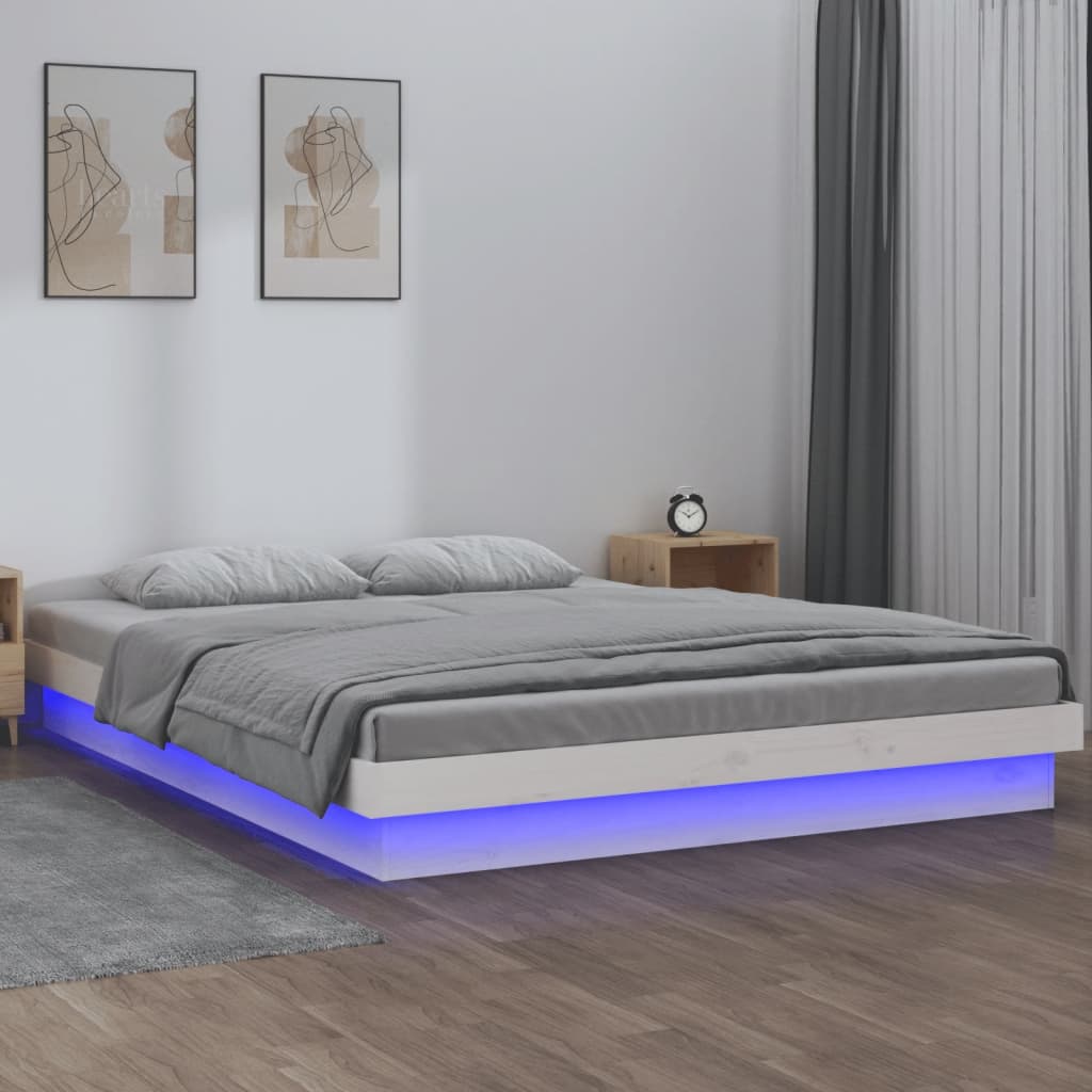 Estructura cama individual LED sin colchón madera maciza blanco