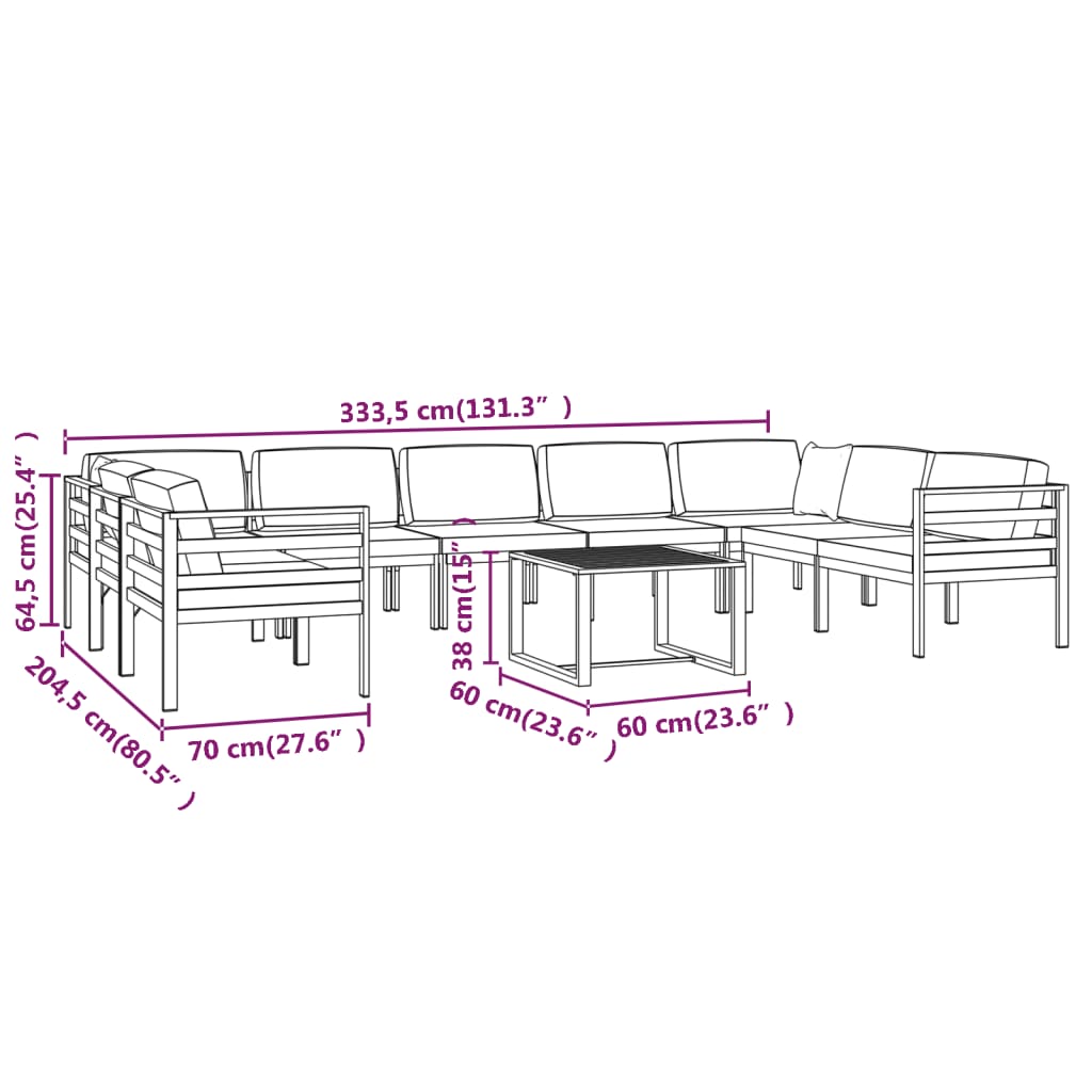 Set muebles de jardín 10 pzas y cojines aluminio gris antracita
