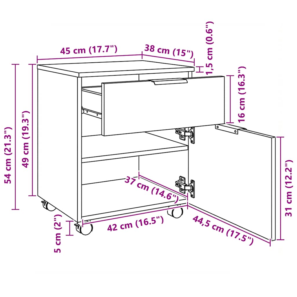Archivador con ruedas madera contrachapada blanco 45x38x54 cm